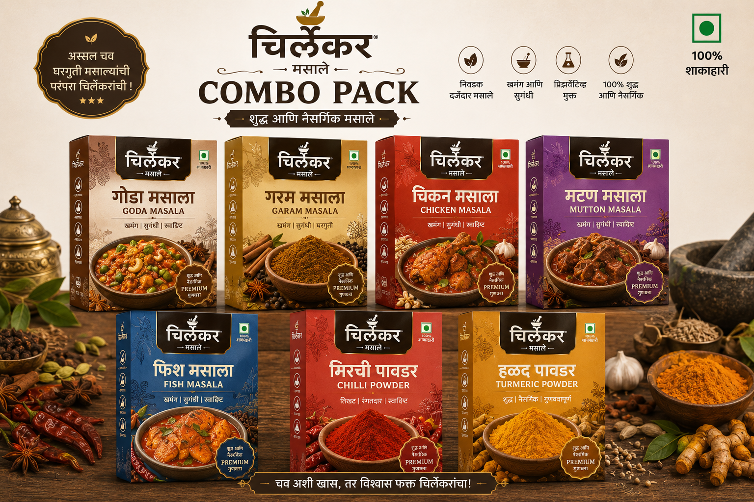 Goda Masala, Garam Masala, Chicken Masala, Mutton Masala, Fish Masala, Chilli Powder, Turmeric Powder